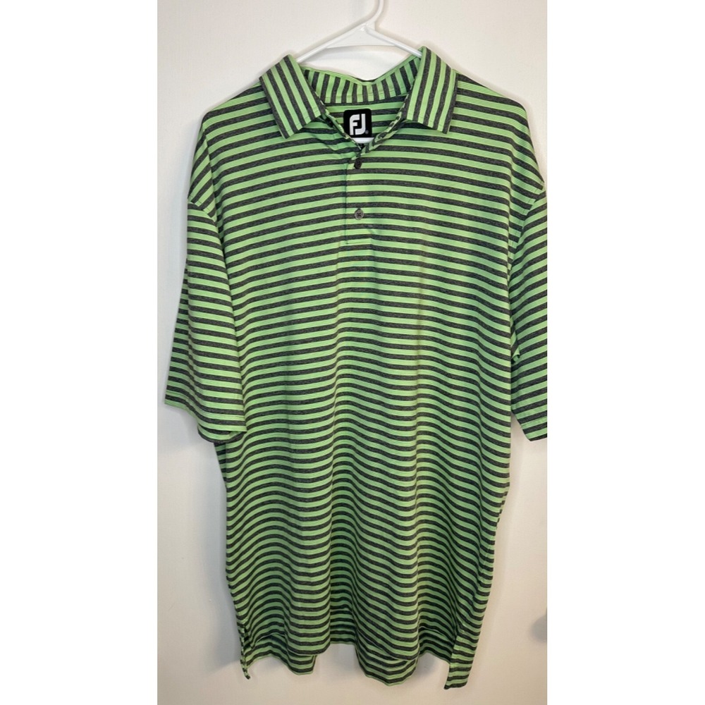 FJ Foot Joy Men's Size XL Heather Gray & Green/Lie Striped Golf Polo BCC 1922